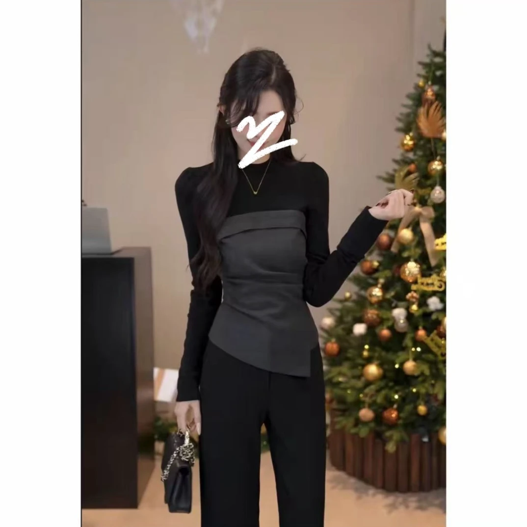 2026入冬漂亮衣服设计小众高级感撞色修身拼接长袖打底衫T恤9301