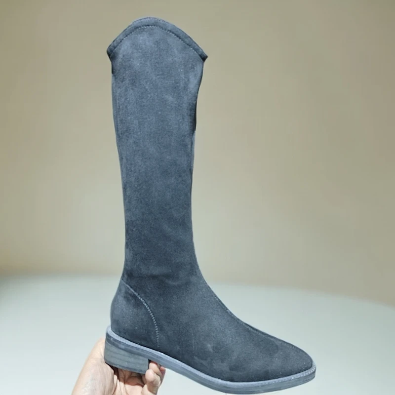 羊京荣时尚正版长靴瘦瘦靴中筒弹力靴圆头过膝长筒粗跟骑士时装