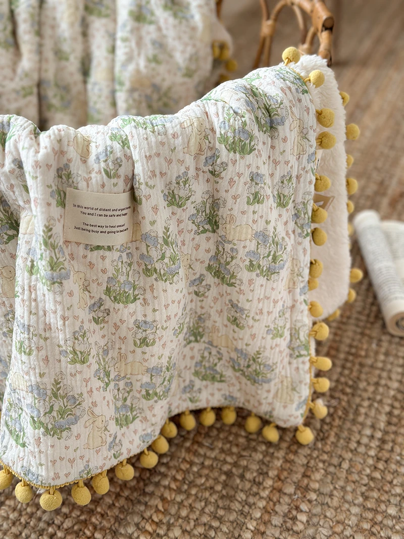 韩式可爱球球小碎花全棉纱布宝宝出行毛毯办公室盖腿毯加厚绒毛绒