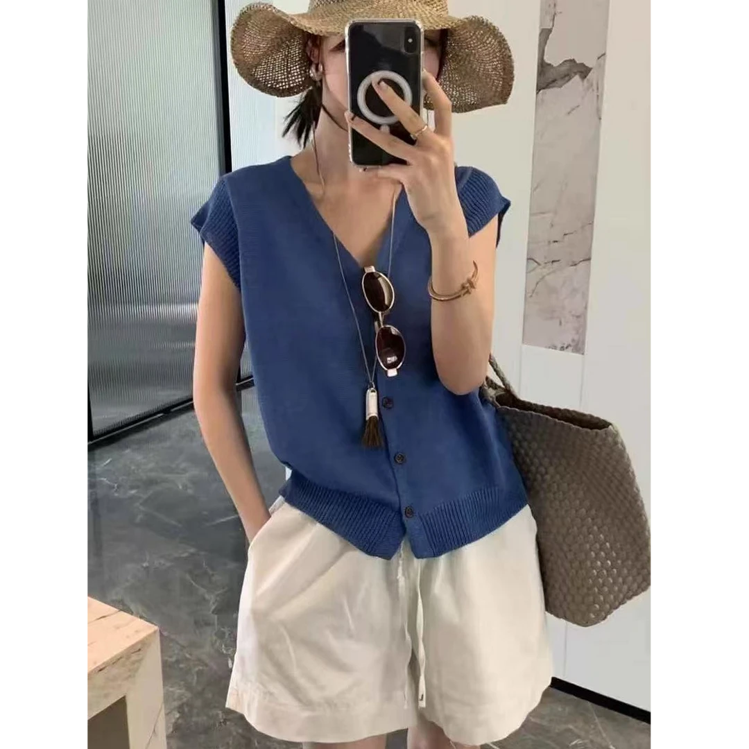 有运费补贴~宝石蓝V领时尚单排扣休闲复古和纸纱上衣