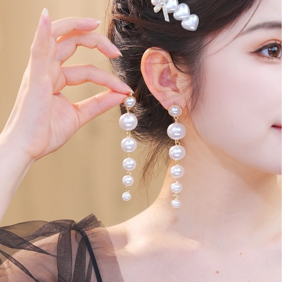铜合金耳饰 【东珠耳环】夏季新款珠珠显脸小流苏耳环耳饰2563