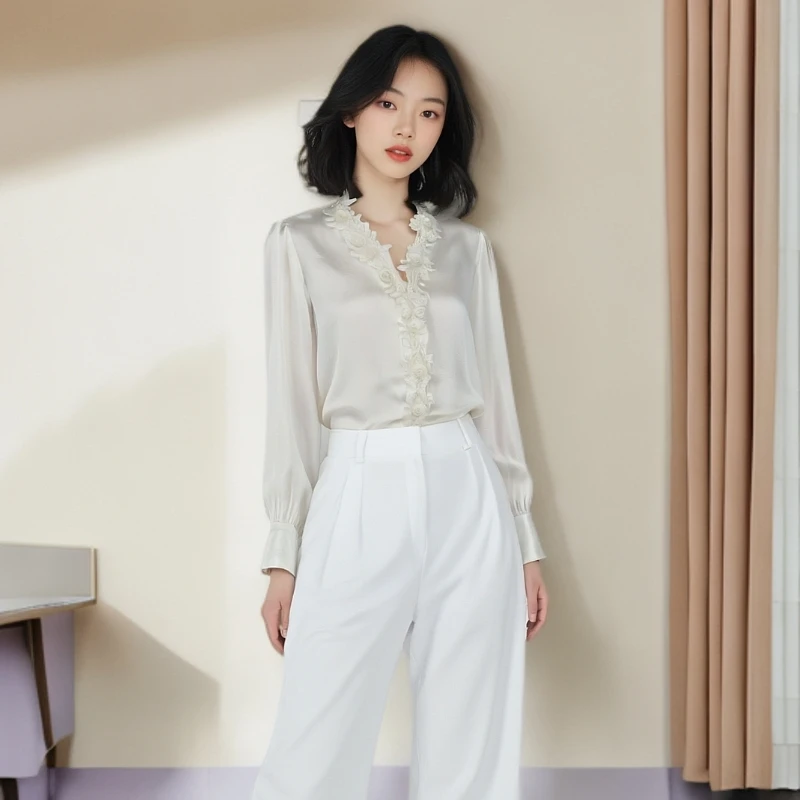 2025夏季新款长袖衬衣上衣时尚立领轻奢潮流时尚百搭衬衫女7414