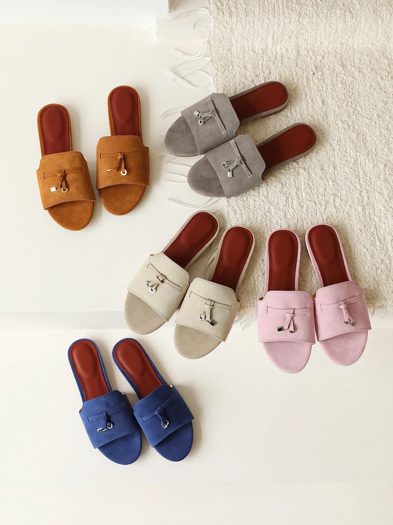 SIS PENG  LP法式复古圆头羊反绒一字拖鞋女凉拖鞋通勤凉鞋