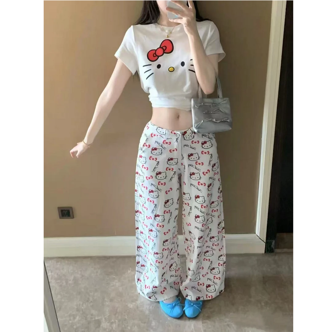 2025新款宽松卡通可爱kt猫咪涂鸦印花白色高腰阔腿牛仔裤子女