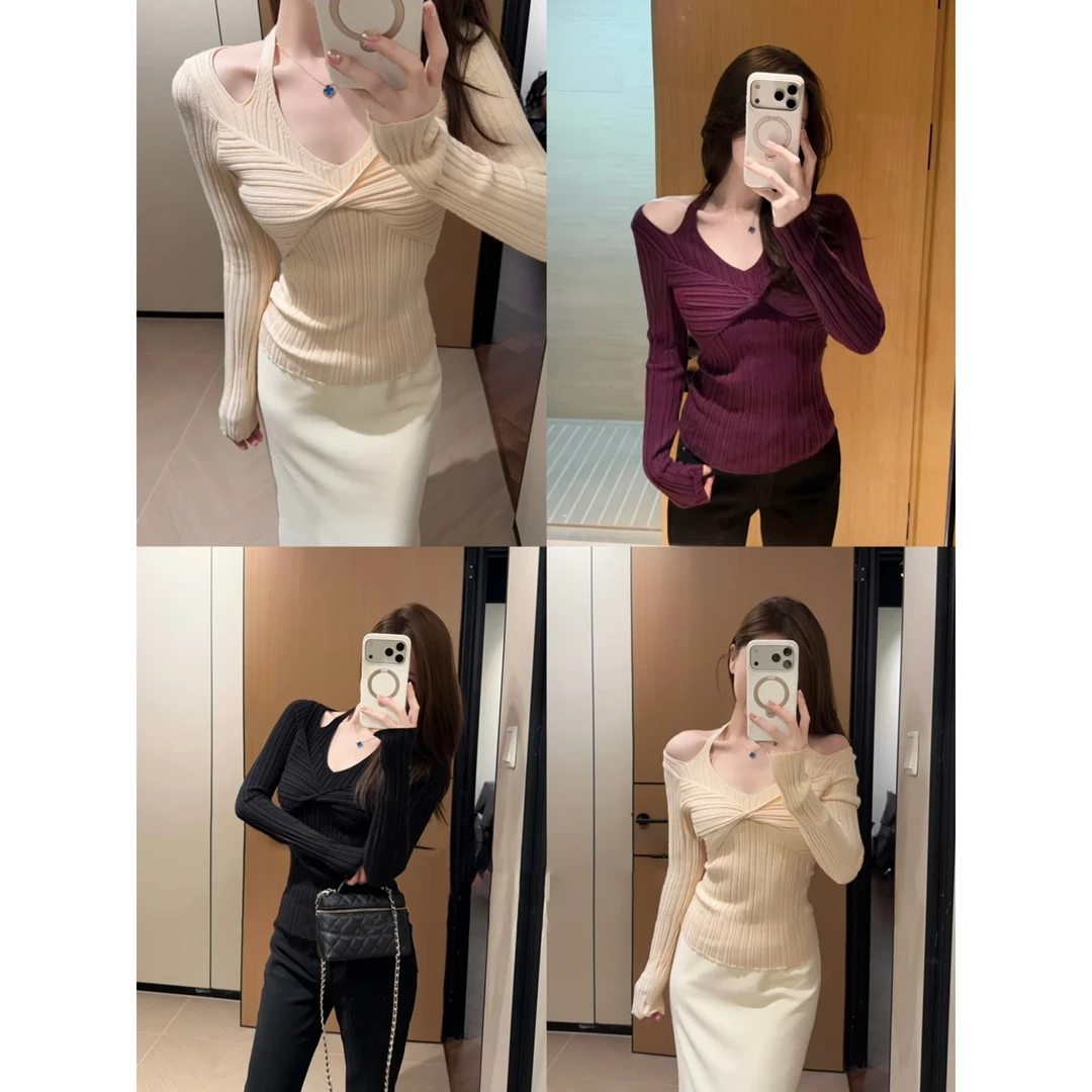 【月光芭蕾】V领挂脖扭结针织衫女秋冬假两件百搭气质打底衫上衣