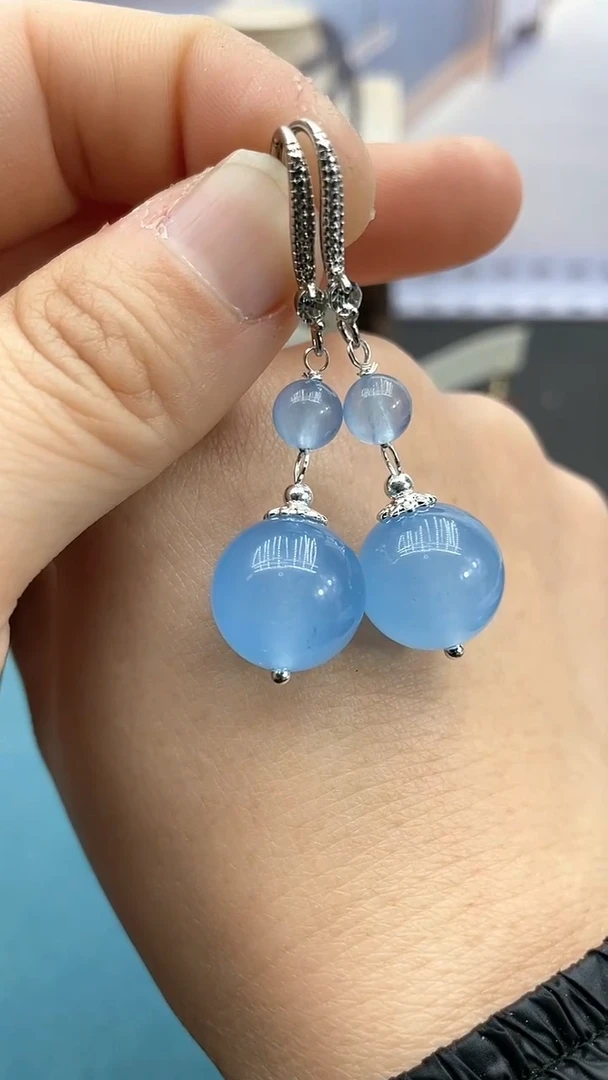 【闪购商品】海蓝宝石耳坠银S925镶嵌14mm海蓝双珠耳钩