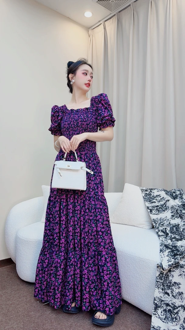 【895】新款气质收腰泡泡袖一字肩紫色碎花连衣裙长裙碎花裙连衣裙