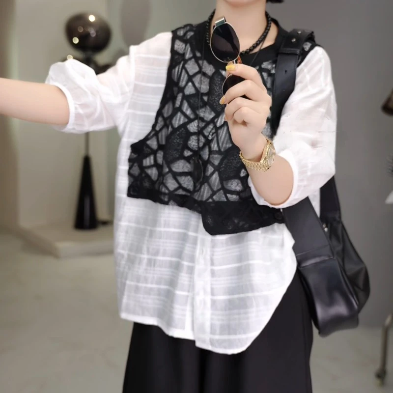 2025夏季小众菱格蕾丝马甲拼接假两件宽松圆领衬衫LK2502656