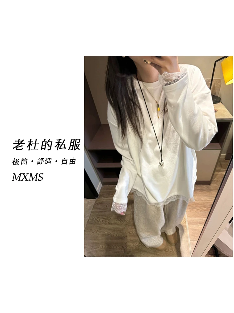 （麦欢尼）LD24798-休闲简约时尚运动底摆蕾丝拼接加厚宽松打底衫