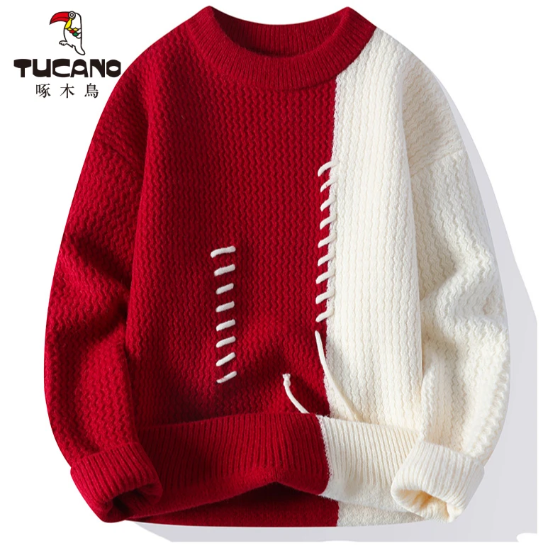 啄木鸟2024新款本命年红色毛衣男冬季打底针织衫男情侣保暖毛线衣