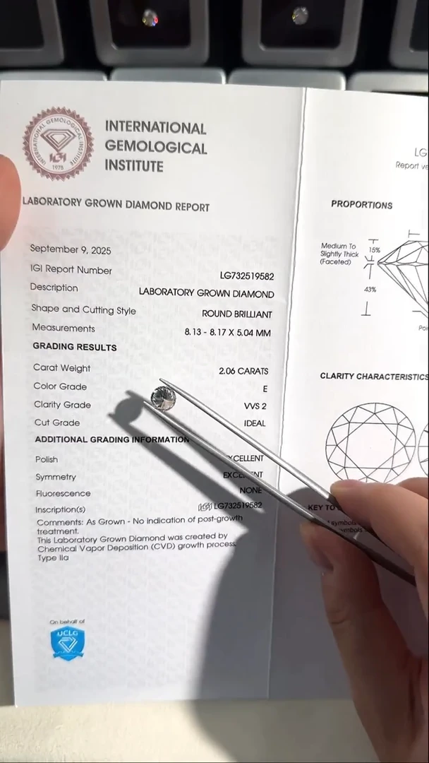 裸石实验室培育钻石【圆】2.06克拉E色VVS2-八心八箭IGI-732519582