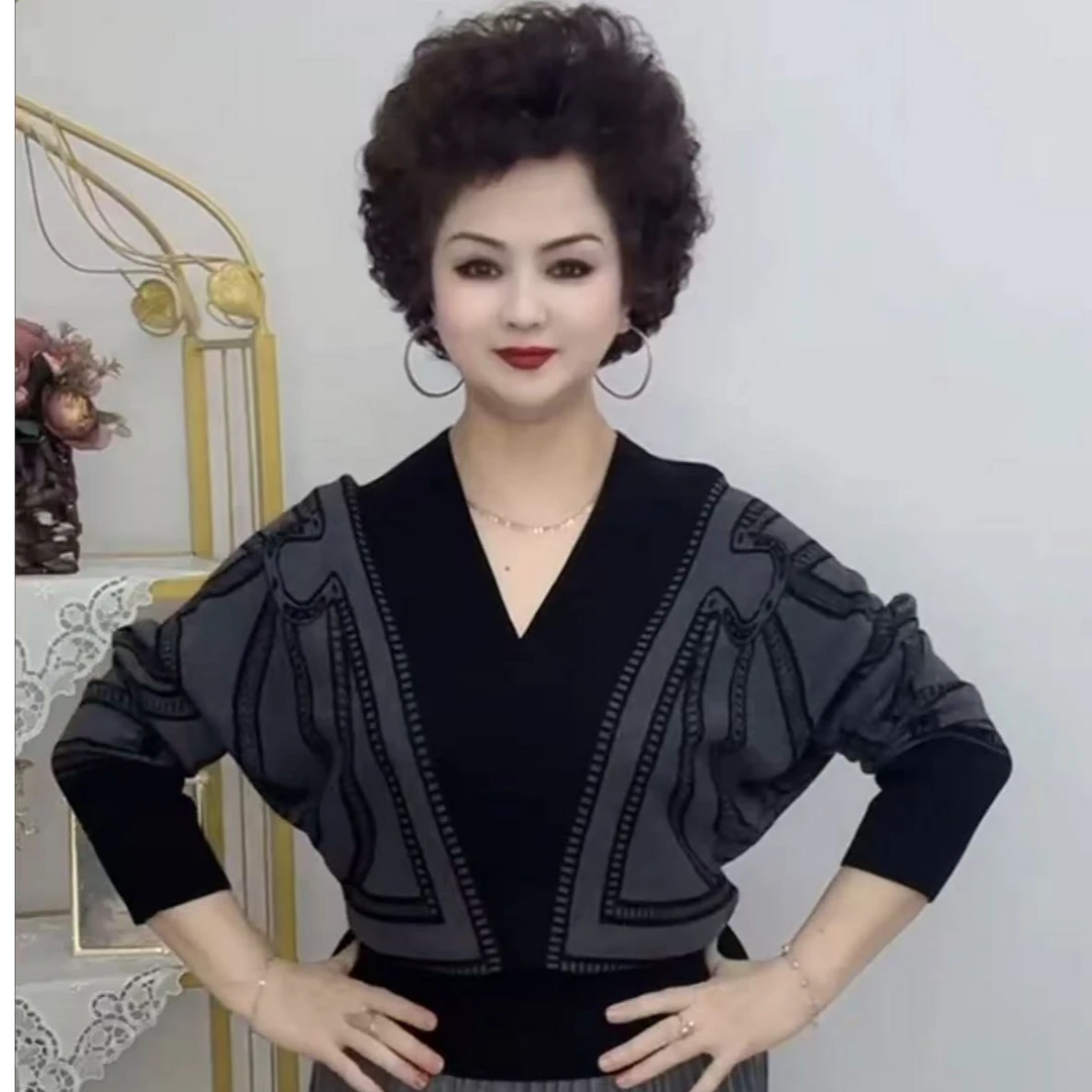 毛针织衫V领提花薄款收腰针织衬衫拼接时尚气质显瘦上衣网红