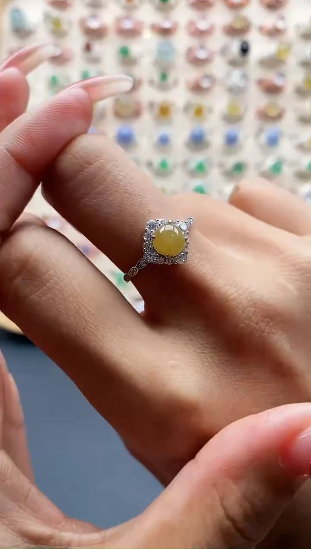 【闪购商品】翡翠戒指银S925镶嵌缅甸天然A货翡翠444 5+3