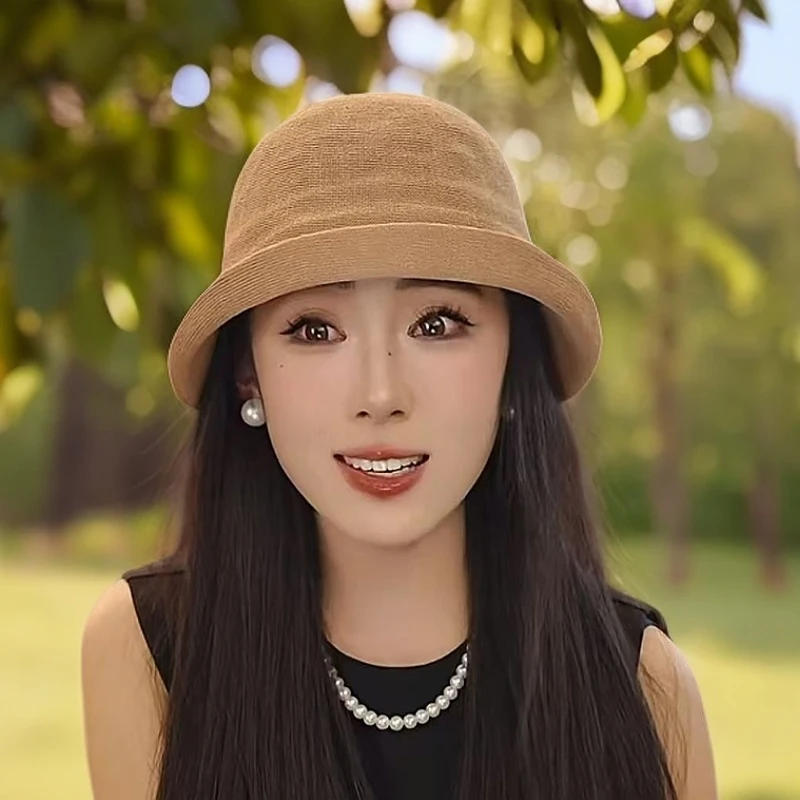 和纸渔夫帽子女款ins圆顶盆帽夏季透气韩版高级遮阳防晒帽子