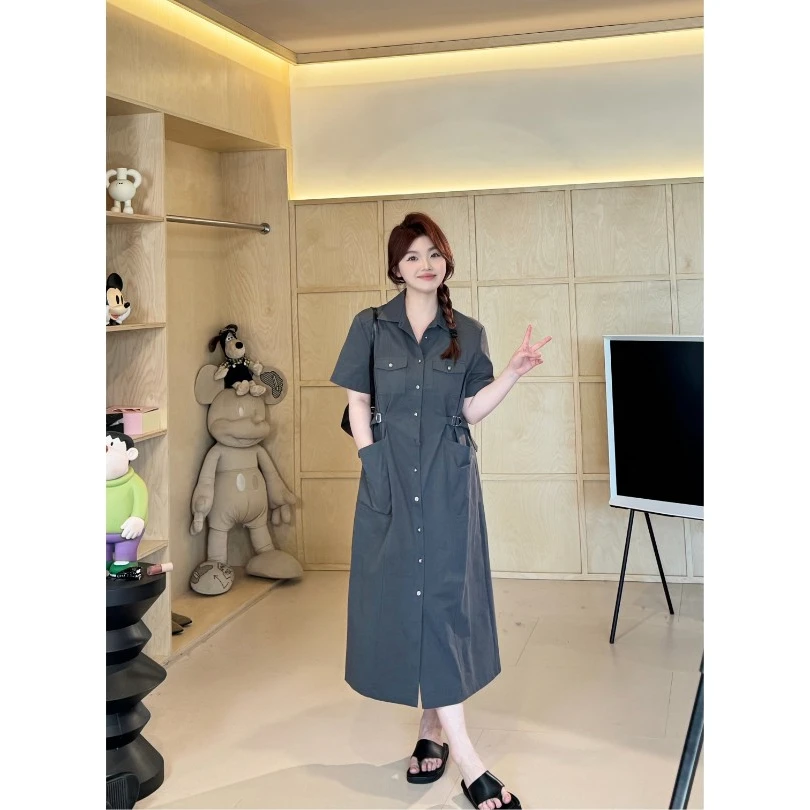 【灰色地带】工装风纯色翻领腰部可调节袢扣短袖衬衫连衣裙