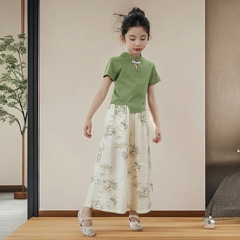 夏季中国风女童套装古风民族风2-12岁女孩汉服儿童大童复古中式装