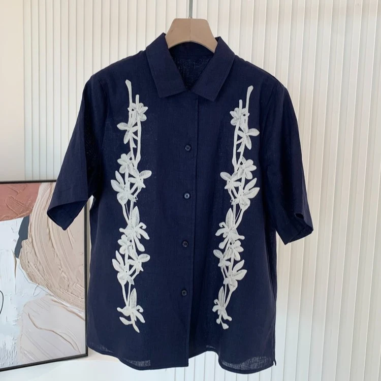 00085【小禾订单】亚麻平纹刺绣短袖衬衫0687