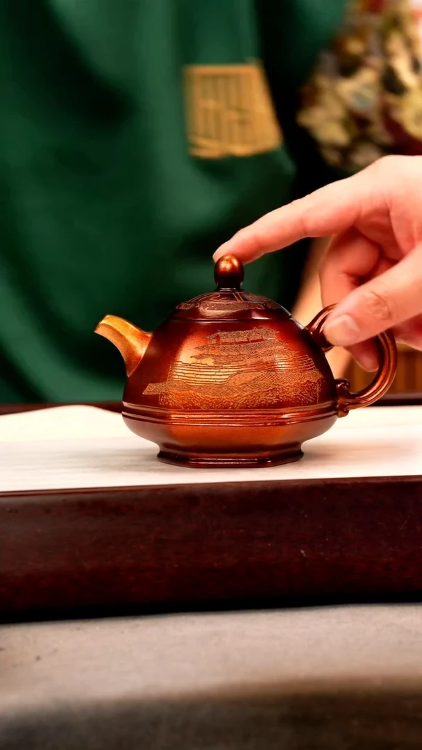 茶壶紫砂金贝烧 六方禅尊 刻绘