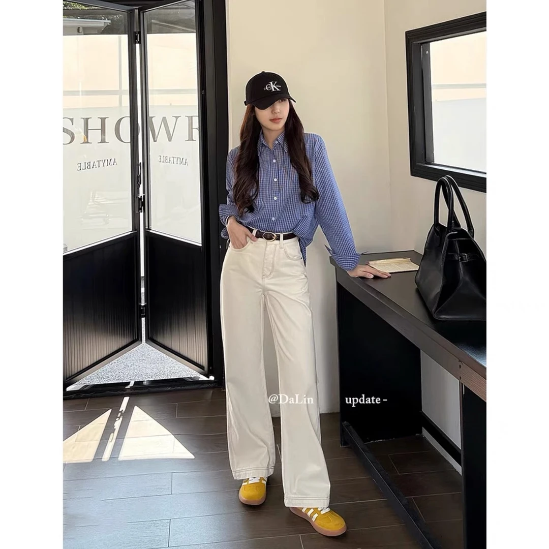 【送腰带】米杏色牛仔裤高腰春休闲宽松复古显瘦显腿长窄版阔腿裤