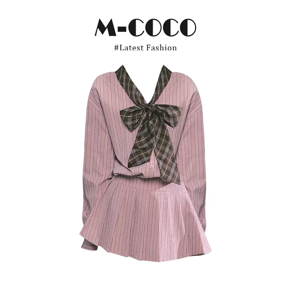 INSCEC韩系设计感miu系蝴蝶结长袖连衣裙裙子显瘦粉色条纹衬衫裙