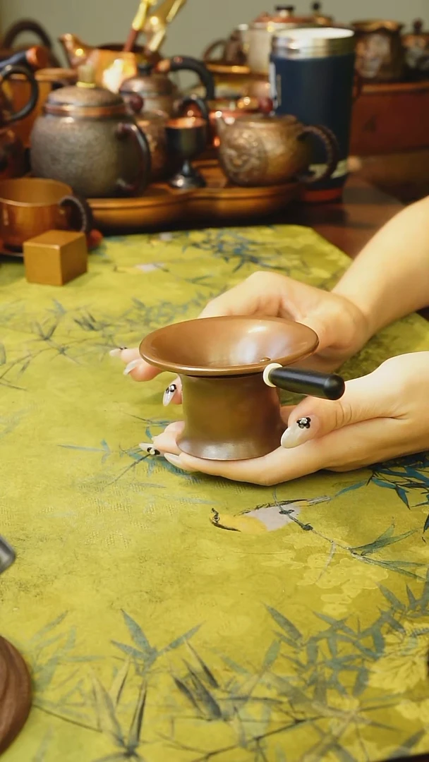 纯紫铜木柄烤色茶漏加托