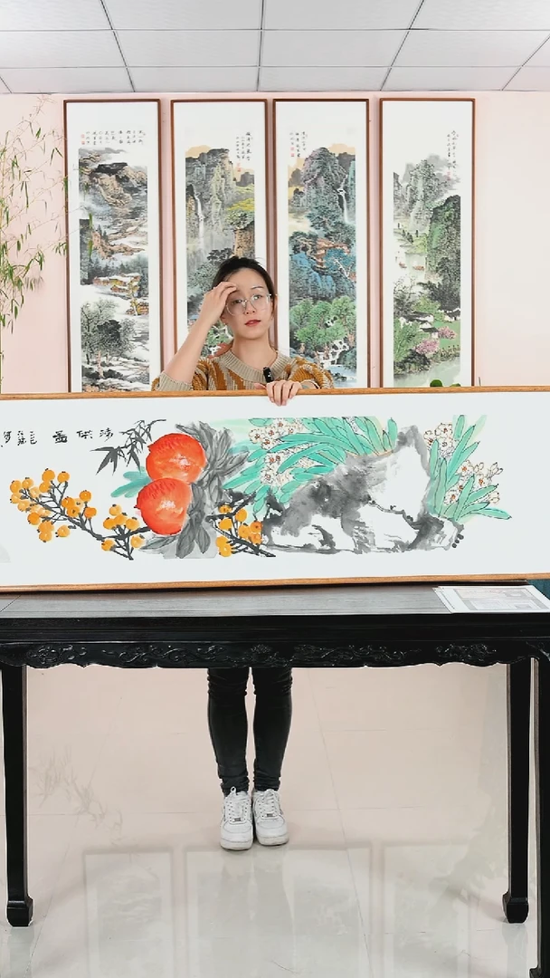 国画汪琼《清供图》纯手绘檀木框162*47厘米