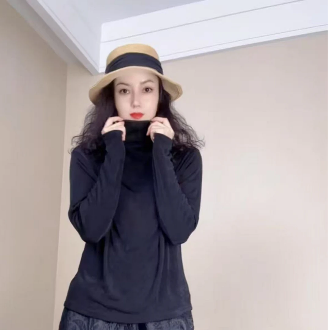 【鑫兰精选】新品长袖纯黑色净版打底衫弹力超大舒服百搭套头