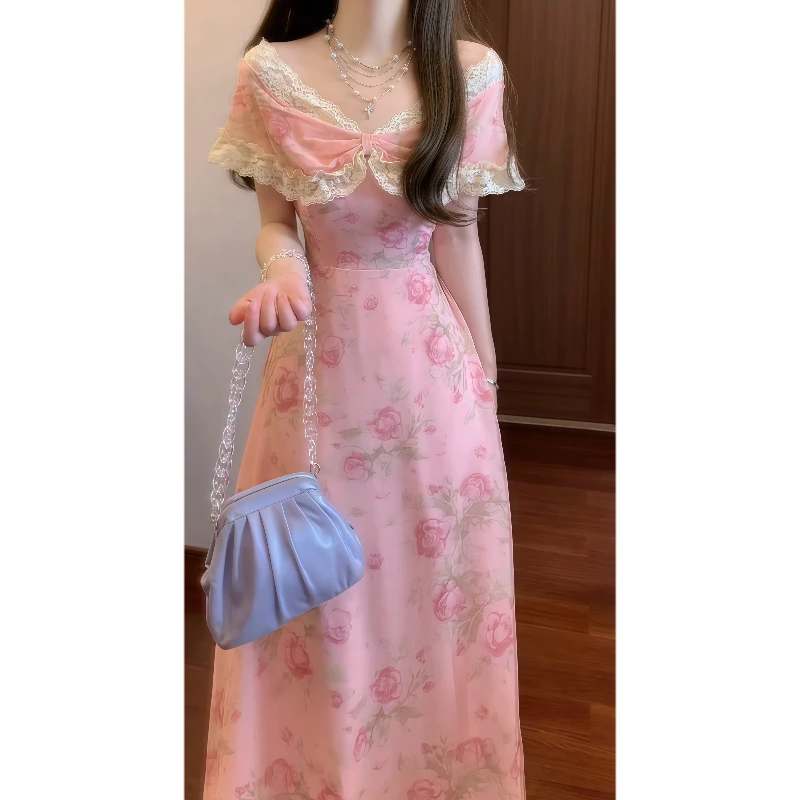 法式温柔肉桂粉一字肩V领两穿连衣裙绝美气质收腰礼服长裙9443