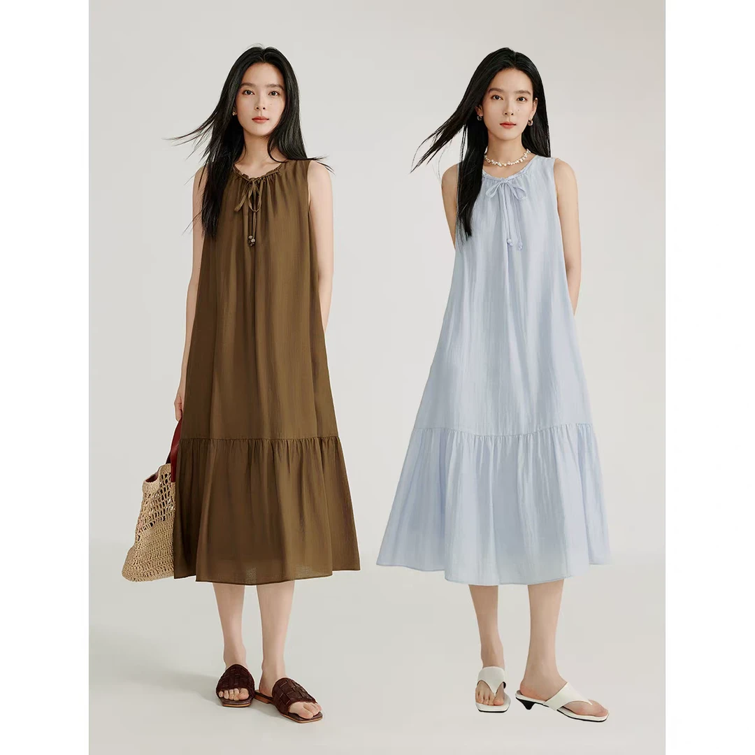 无袖背心裙休闲风圆领夏季连衣裙吊带裙中长款夏装宽松休闲