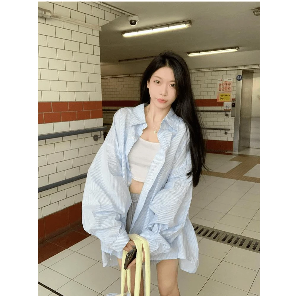 【五色】蓝色条纹polo领衬衫女慵懒休闲长袖上衣宽松中长款防晒衬衣