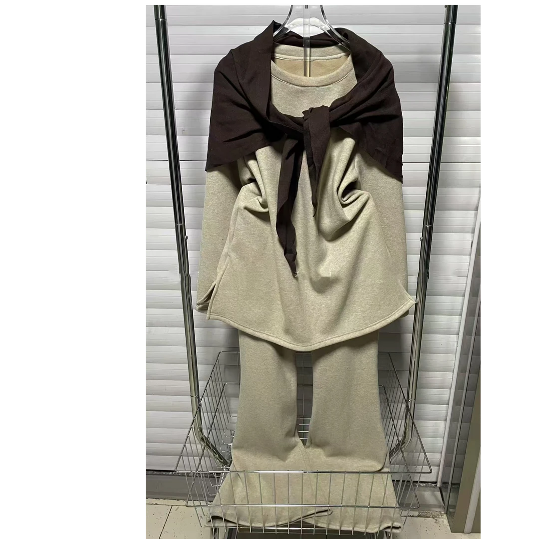 D5890新款撞色披肩+简约圆领上衣+高腰阔腿休闲裤加绒三件套