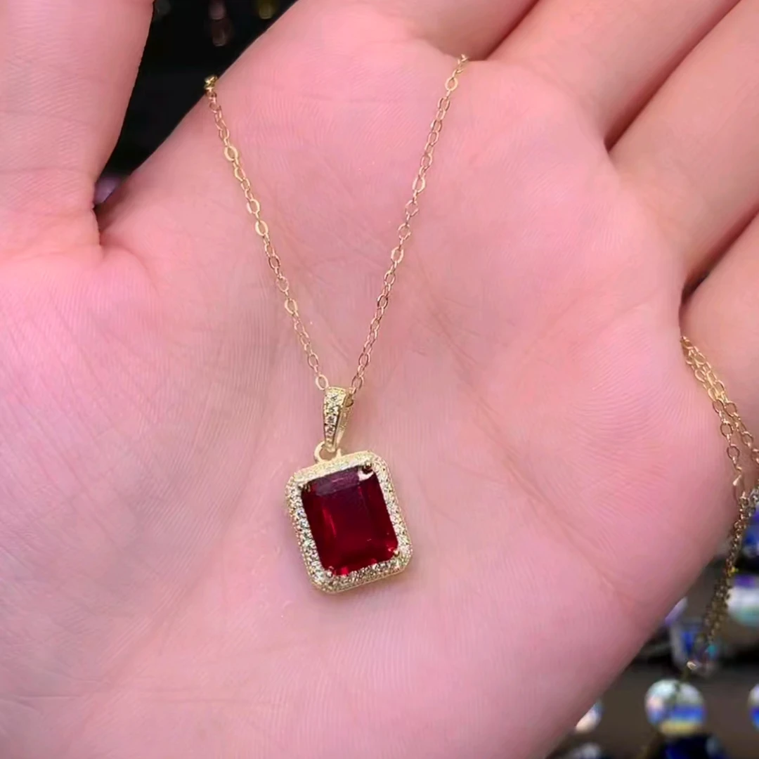 红宝石S925银镶金色吊坠