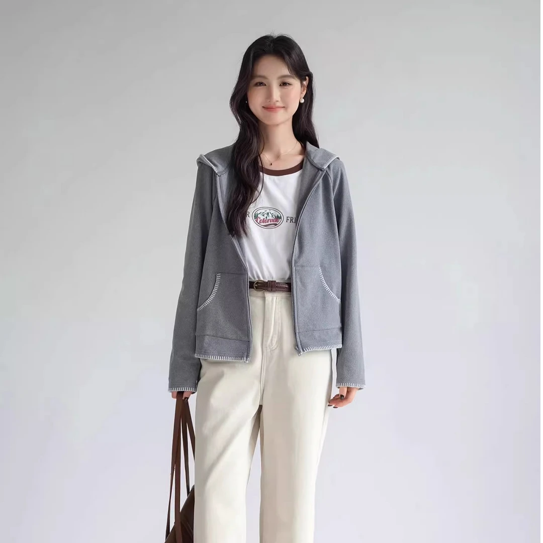 Lrosey/蓝若水大码春装撞色线条连帽卫衣外套胖mm宽松上衣86653