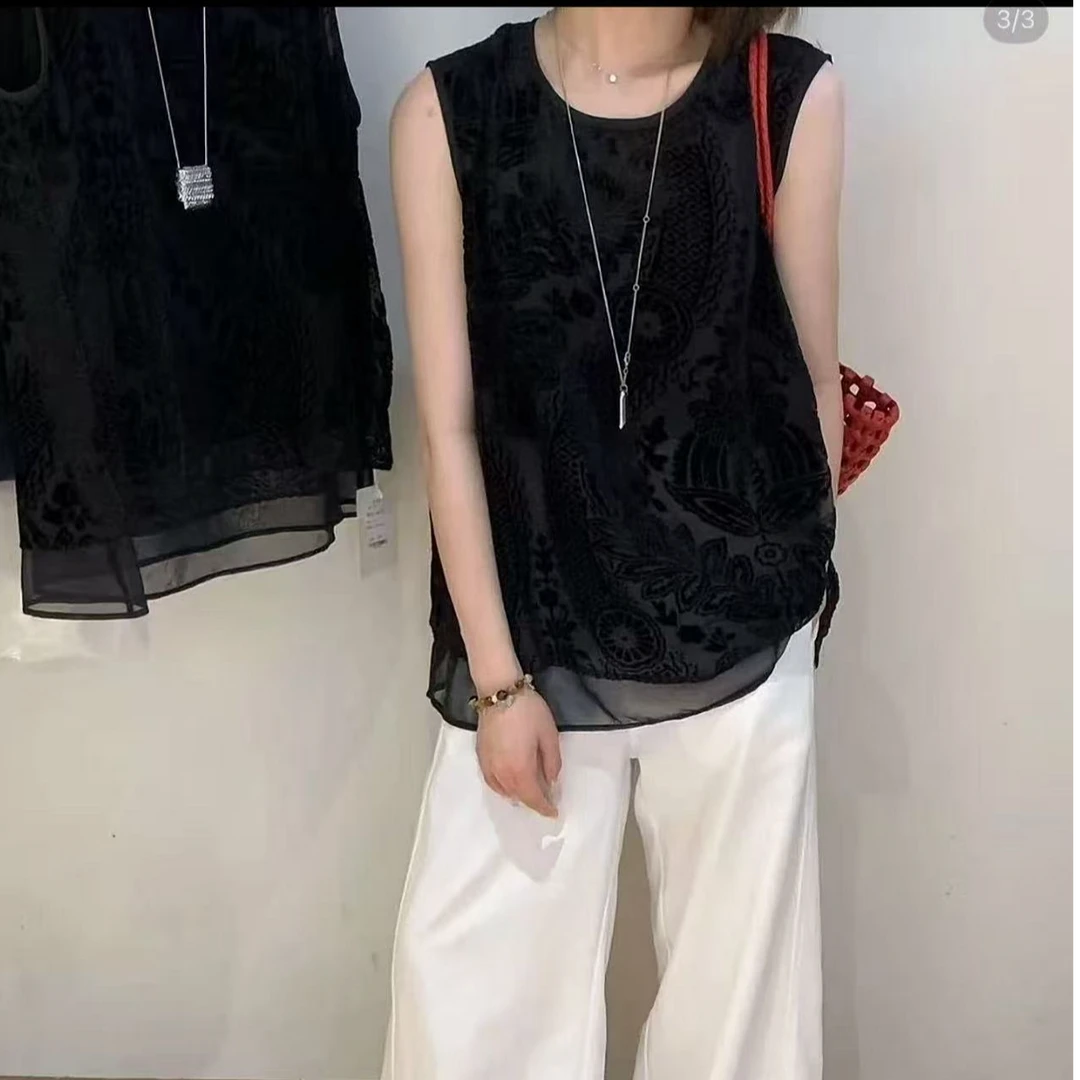 卿柒家 欧货复古提花无袖黑色上衣高级感气质百搭背心t恤