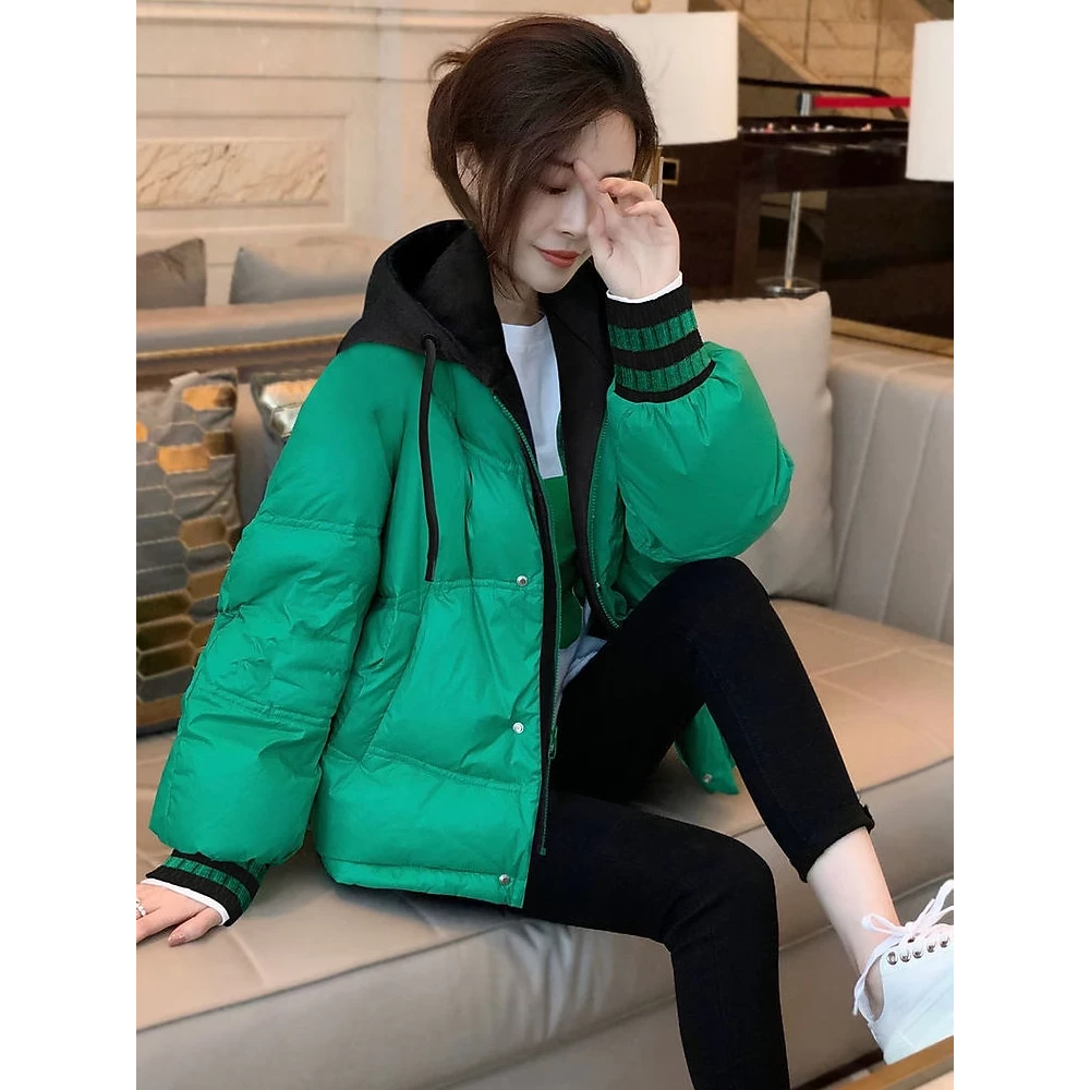 假两件绿色连帽服女冬装大码宽松欧货时髦保暖拼接棉衣外套冬季