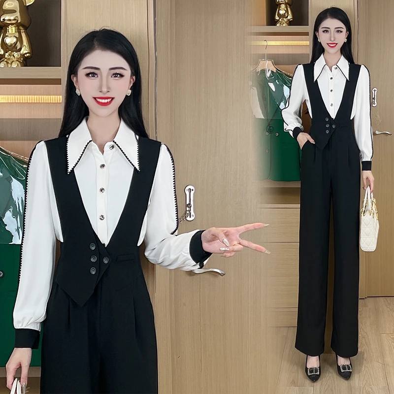 衬衫西装背带裤套装2025春季高腰显瘦高级感休闲直筒连体裤#DY133