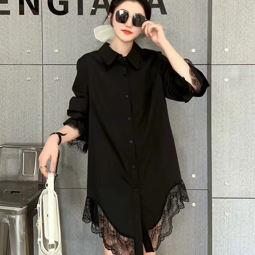 欧韩2025春季新款设计感百搭时尚大码蕾丝拼接假两件衬衫潮
