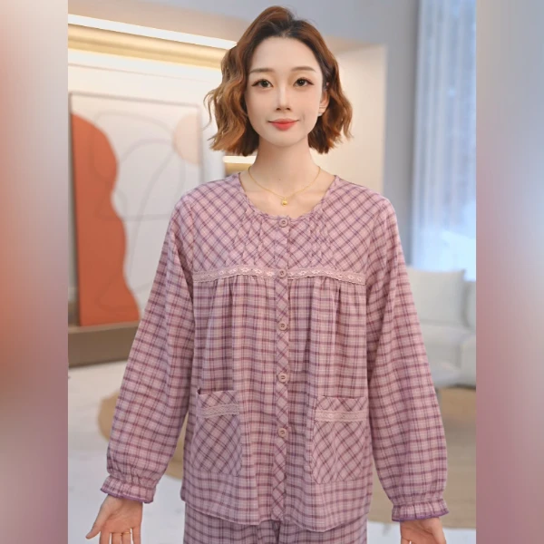 秋鹿2024兰花紫格子睡衣女套装女士舒适时尚秋季