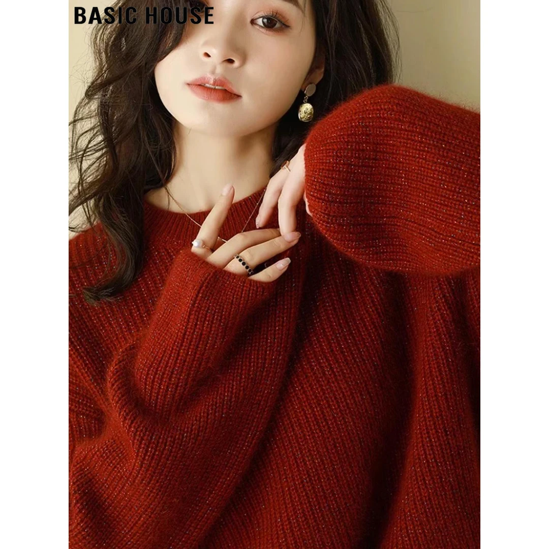 Basic House/百家好圣诞红亮丝含羊毛圆领毛衣女2025冬季针织衫