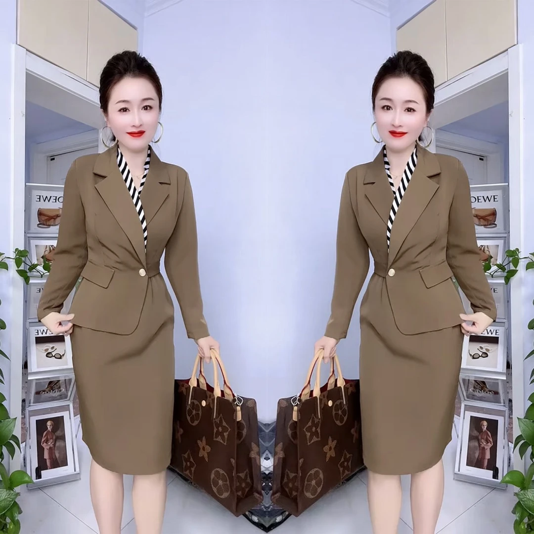 气质显瘦收腰包臀连衣裙2025春秋季新款时尚假两件设计西服中长裙