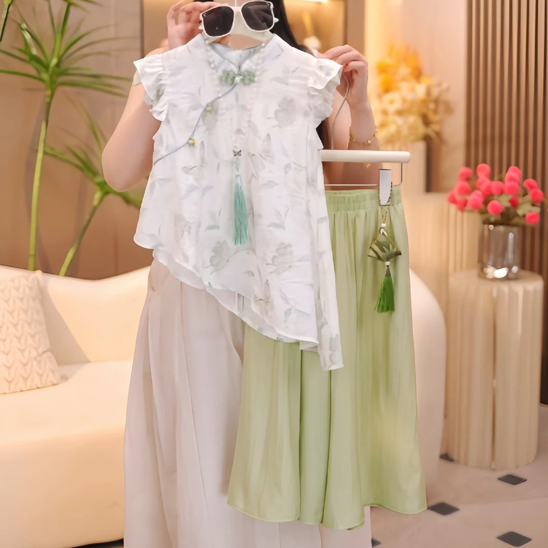 女童国风夏装2025新款套装新中式中国风薄款阔腿休闲裤两件套潮