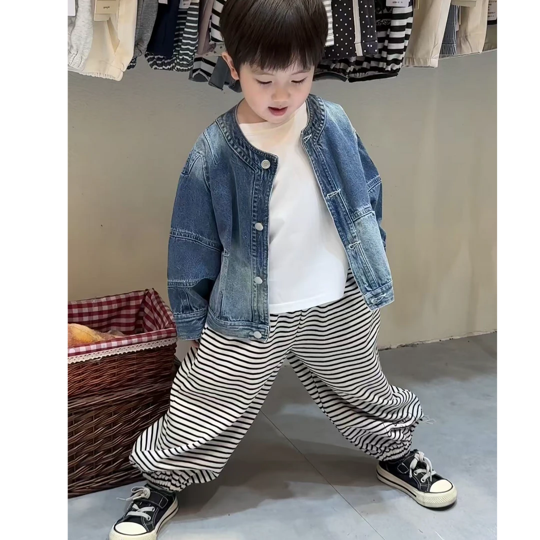 烁烁家春款牛仔外套+条纹裤