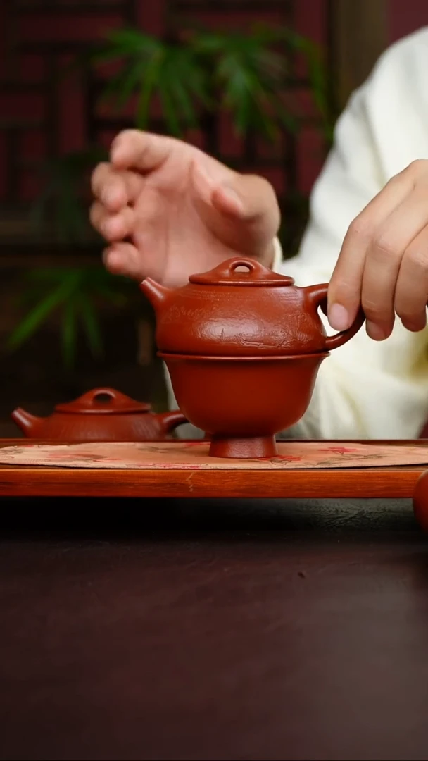 茶壶紫砂小景舟石瓢 刻绘山水 大红袍