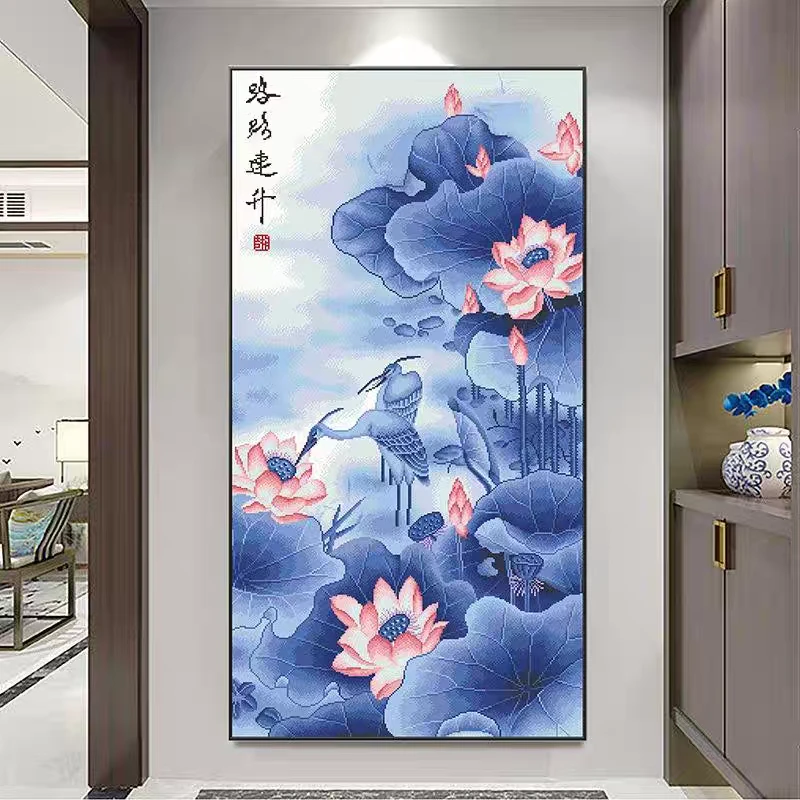 纯手工十字绣成品客厅挂画竖版玄关画路路连升和气生财130*73公分