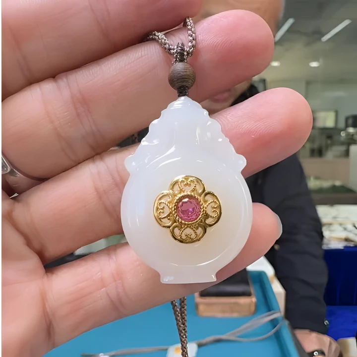 【倔老头工厂】羊脂玉和田玉宝瓶吊坠999足金镶嵌天然碧玺 配绳