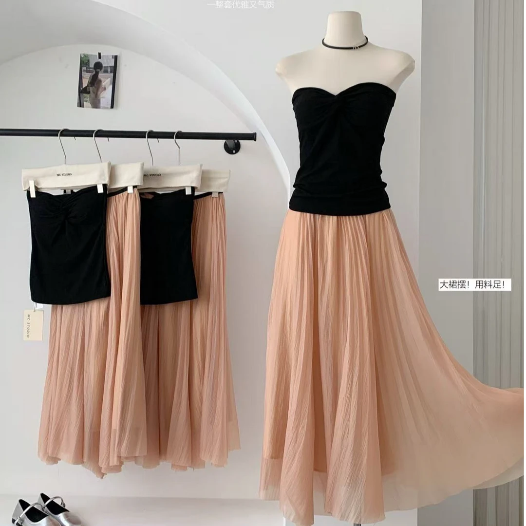 甜美纯御风蝴蝶结无袖抹胸背心女夏季纯欲网纱半身裙套装