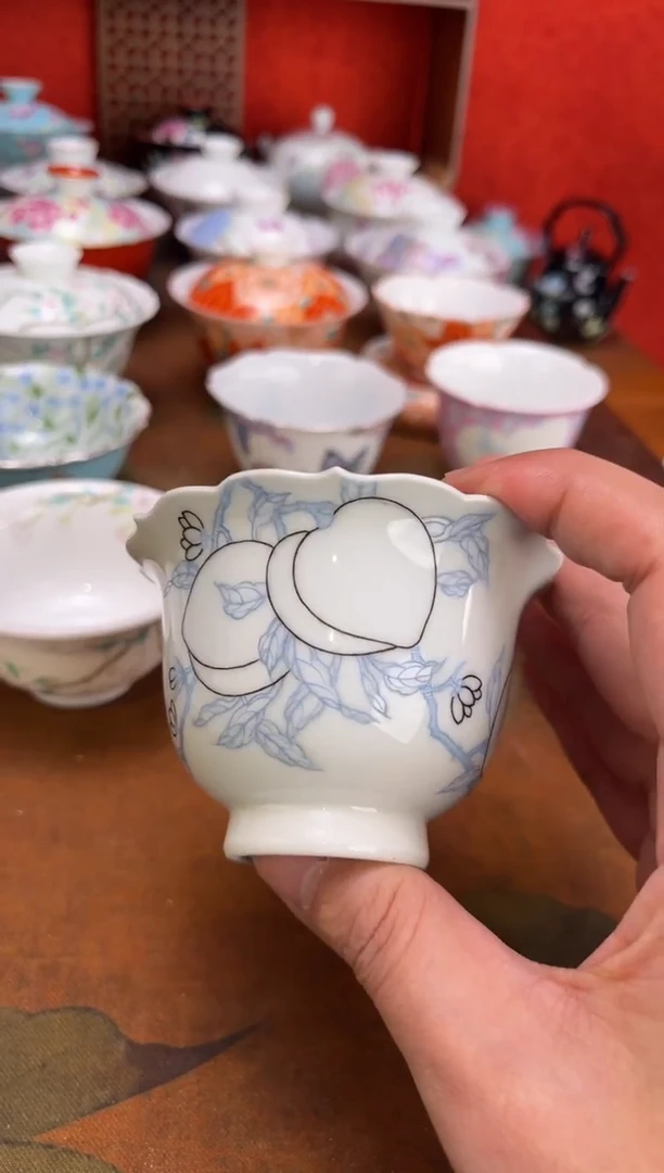 彩*✨纯手绘黑红描金3桃杯