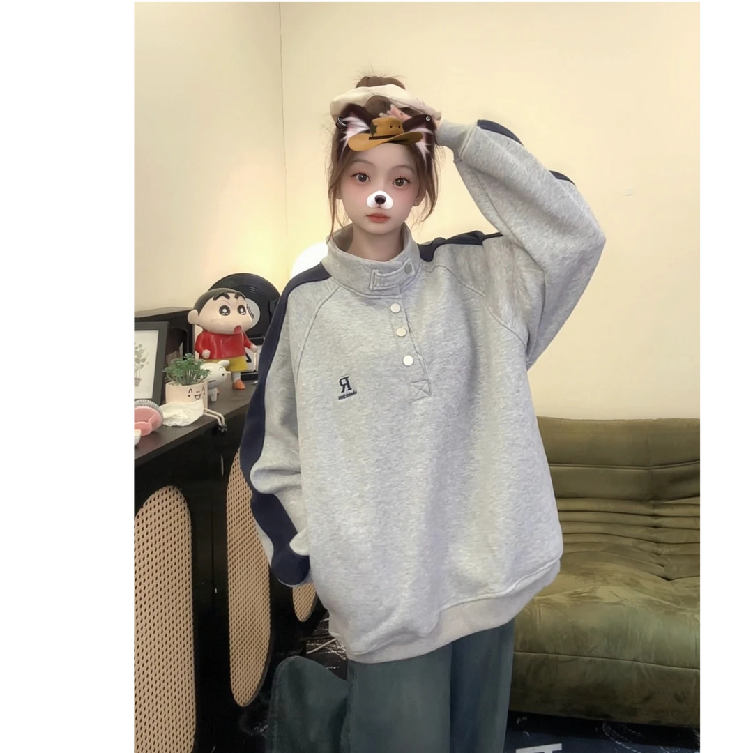 【帝韵】日系复古撞色加绒卫衣无帽外套女情侣立领秋冬宽松长袖上衣