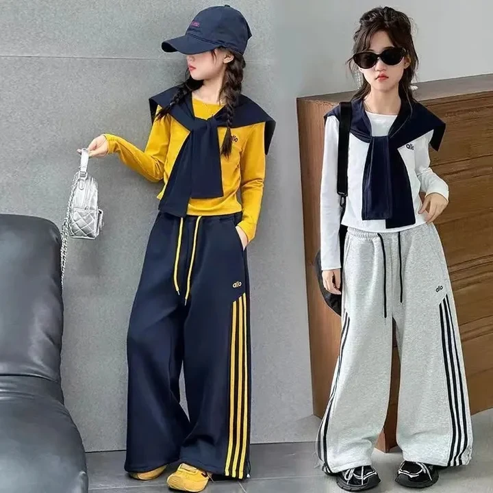女童秋时尚学院风带披肩长袖上衣阔腿裤运动套装中大童酷飒两件套