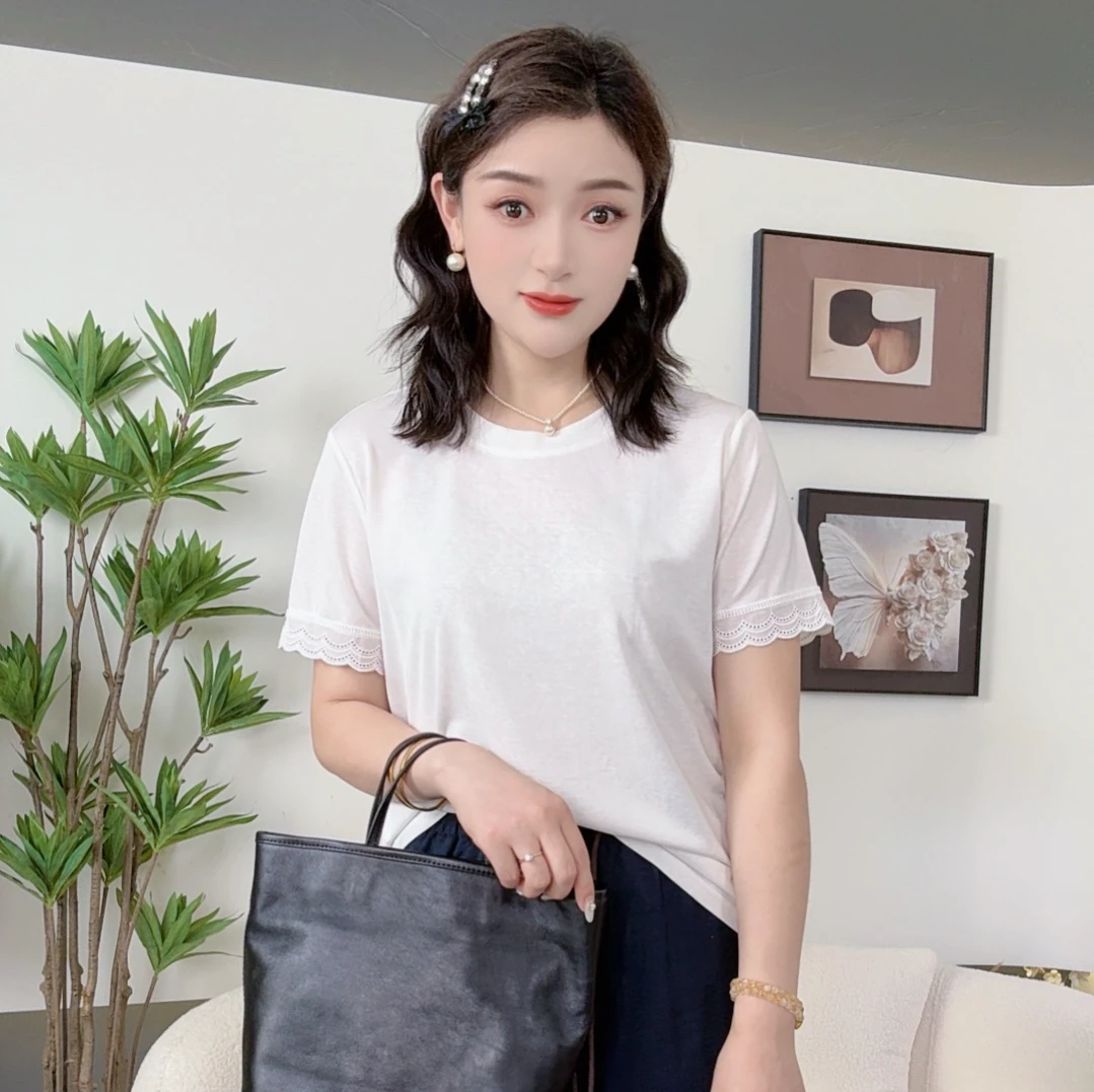 80053 丽丽--欧货夏新款花边镂空拼接打底衫内搭